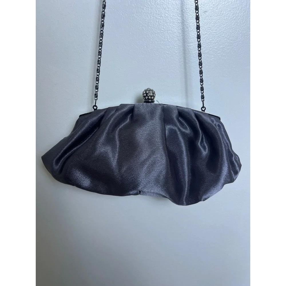 Jessica McClintock Charcoal Grey Satin Pleated Evening Clutch Crossbody Bag Glam